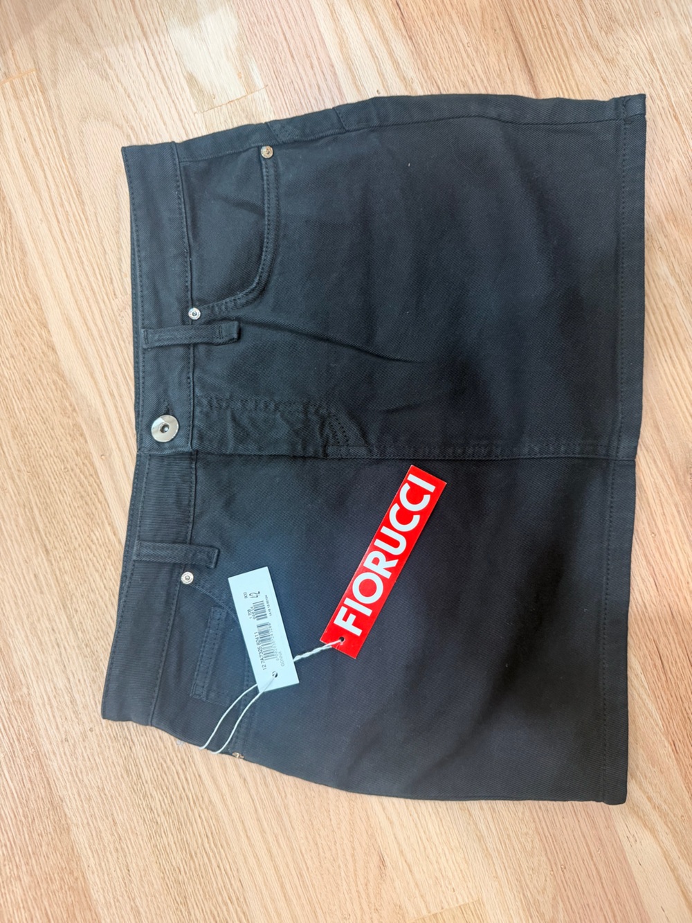Fiorucci Black Mini Skirt with Red Logo Tag
